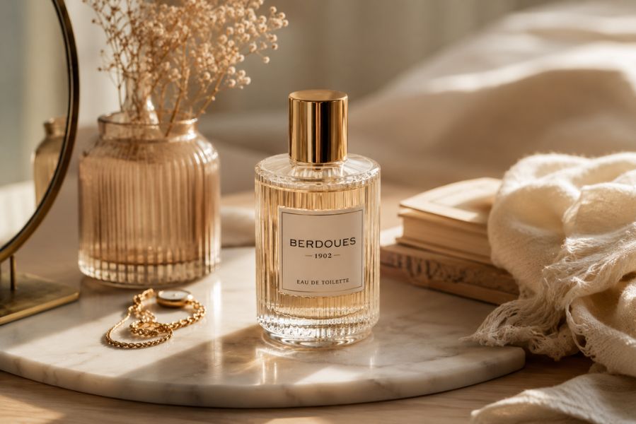 flacon de parfum élégant dans une ambiance douce et lumineuse illustrant l’évolution des notes olfactives au fil des heures