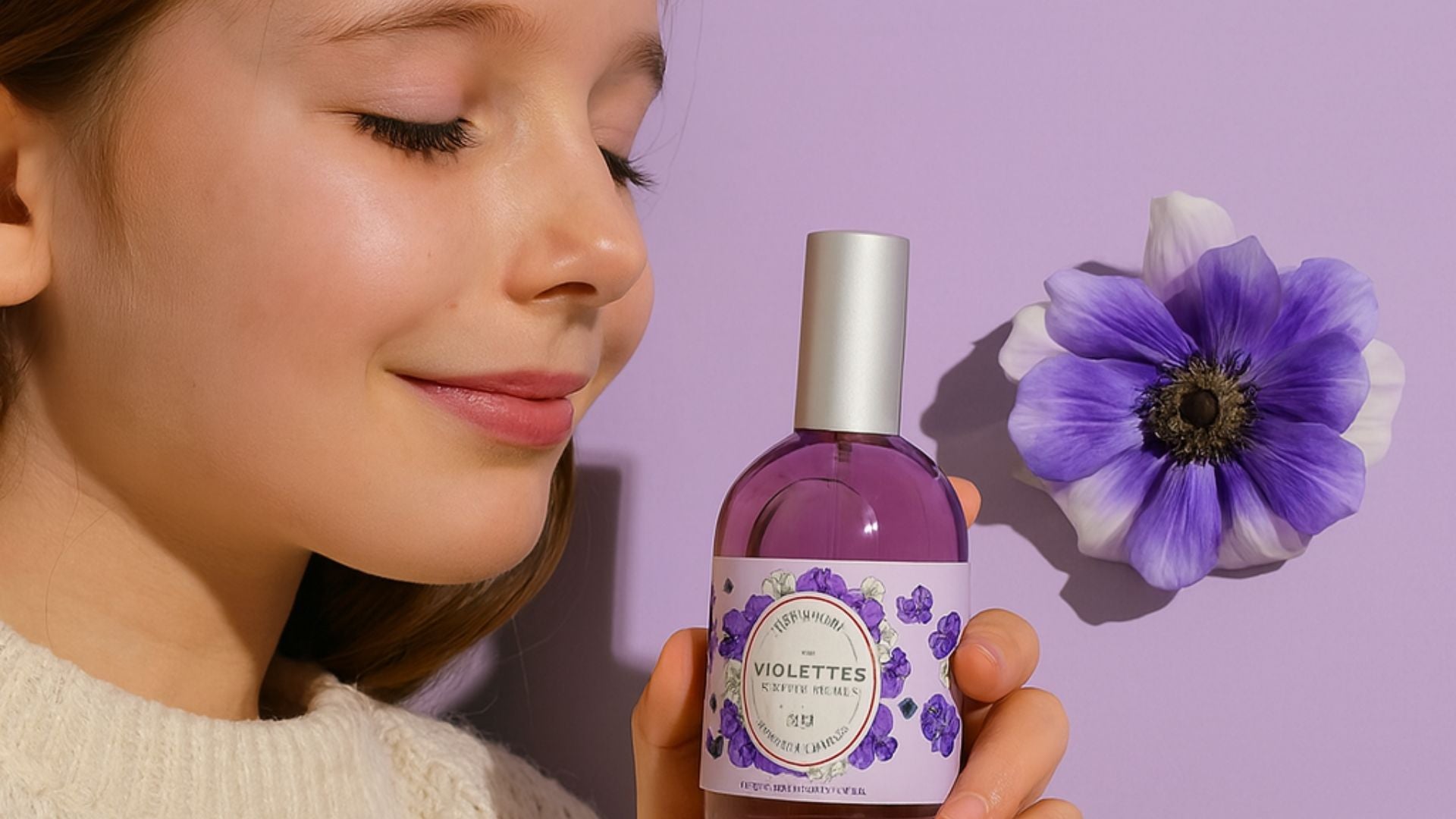 Une adolescente en train de sentir un flacon d’eau de toilette violette, illustrant la découverte du parfum chez les jeunes.