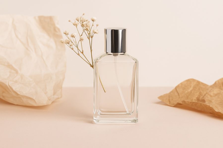Flacon de parfum vide en verre transparent avec bouchon argenté, posé sur une surface beige, décoré de fleurs séchées, symbole de recyclage et de seconde vie des flacons