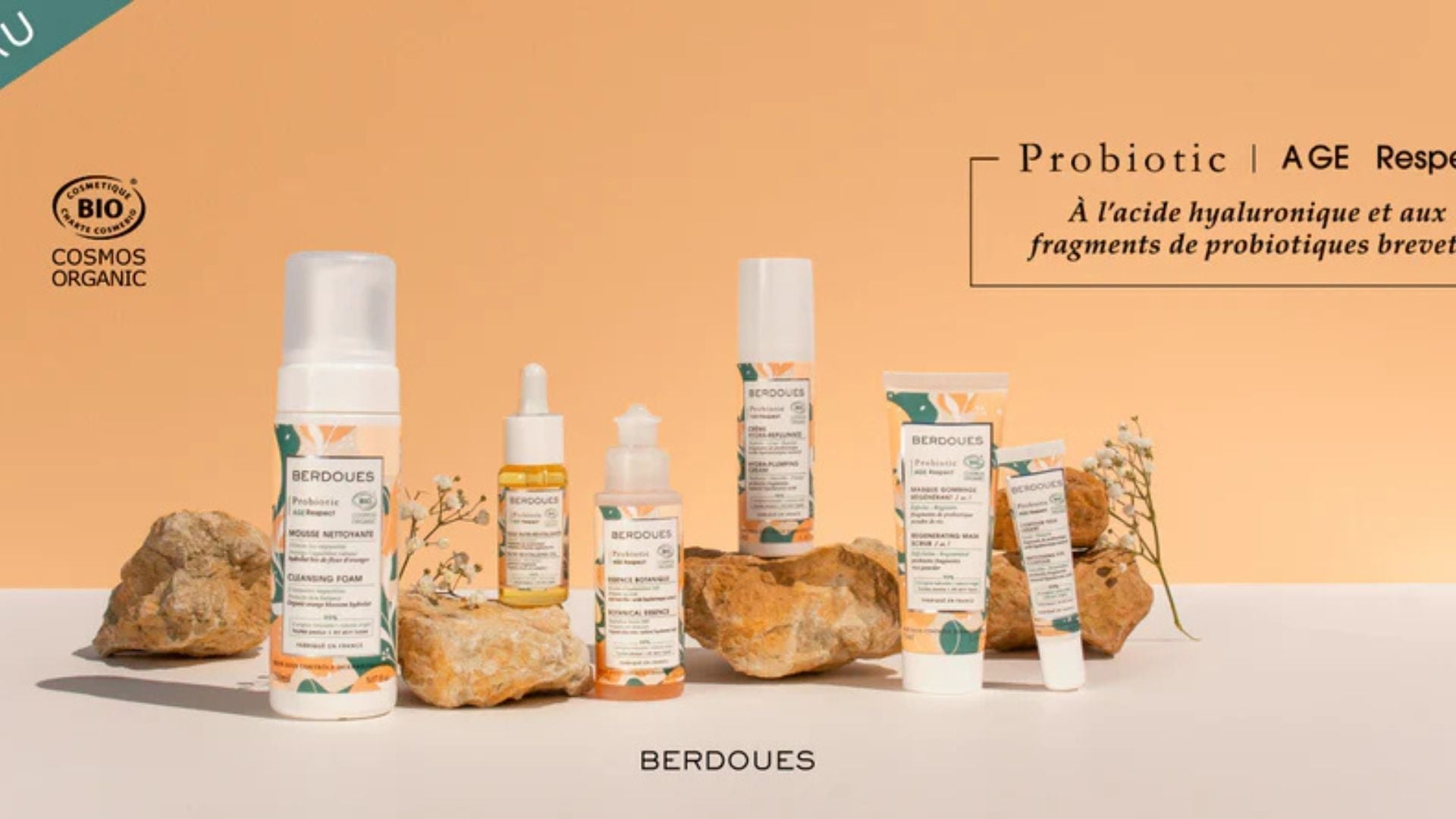 Gamme de soins Probiotic Age Respect de Berdoues : crème, mousse nettoyante, huile et masque, adaptés aux peaux sensibles