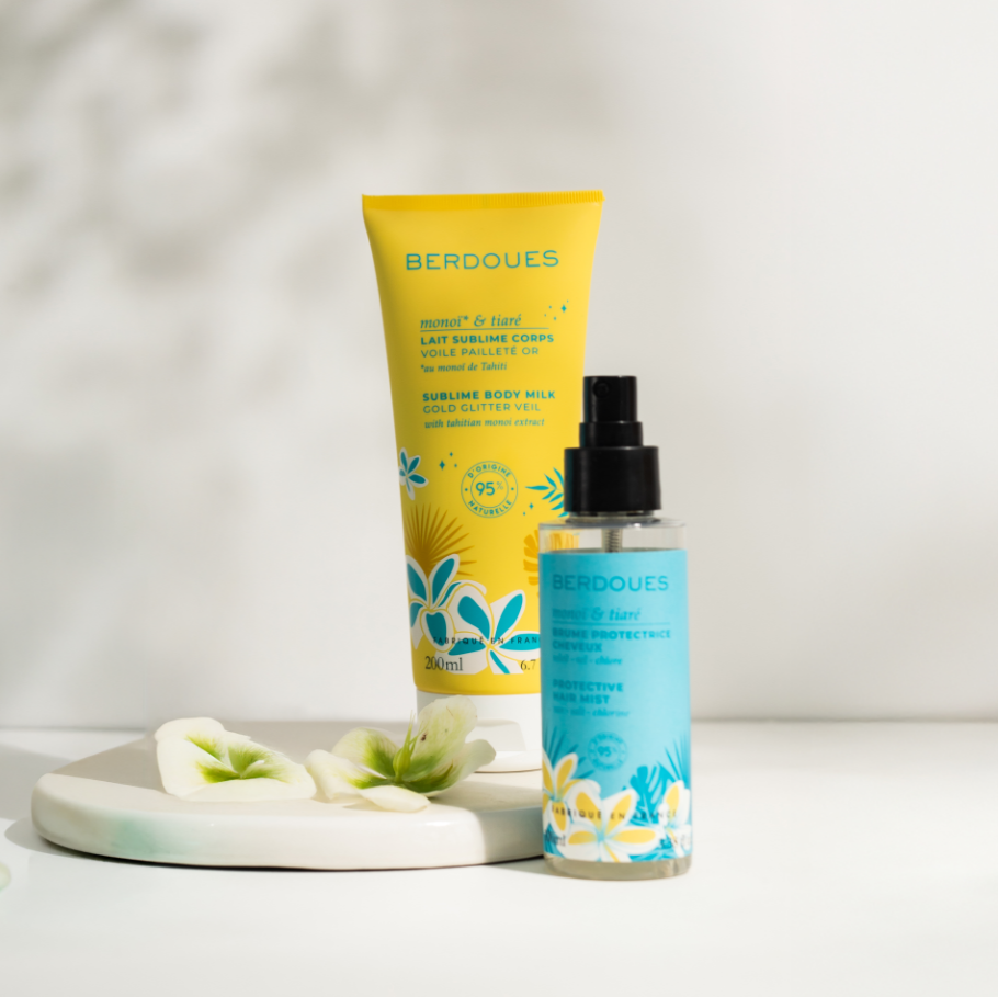 Duo Monoï et Tiaré Brume protectrice cheveux et Lait pailleté