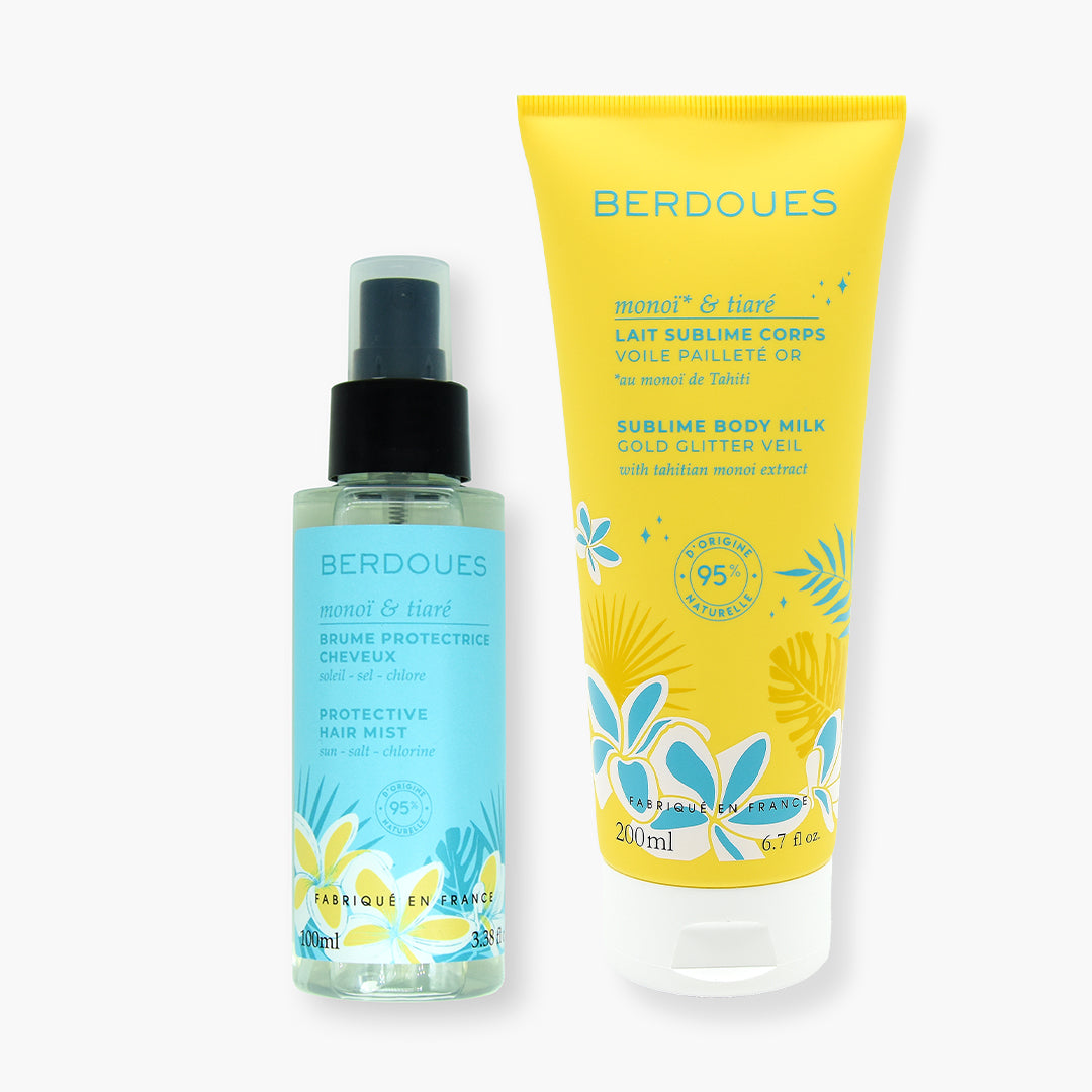 Duo Monoï et Tiaré Brume protectrice cheveux et Lait pailleté