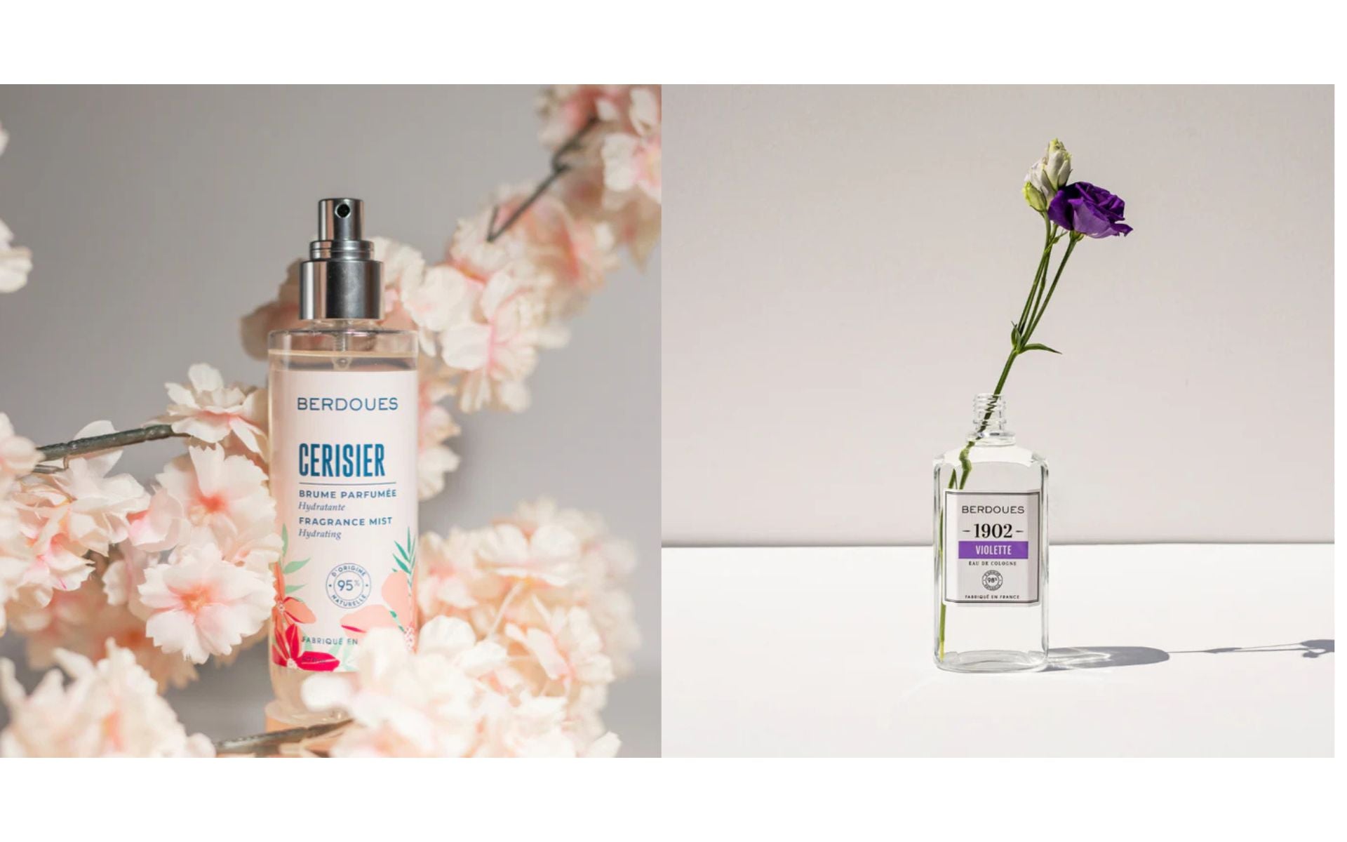 Brume parfumée Cerisier et Eau de Cologne 1902 Violette Berdoues, deux formats parfumés complémentaires.